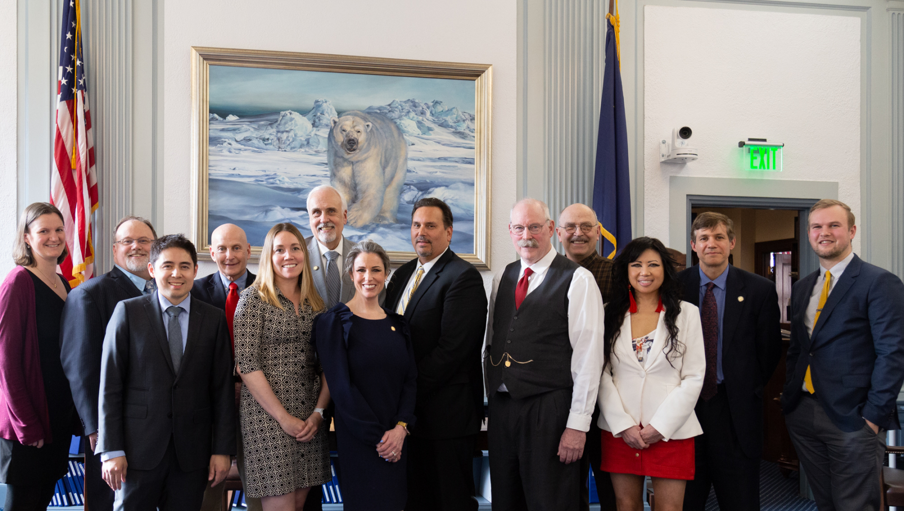 Members of the conference committee and their staff after reaching a tentative agreement on Tuesday, May 17, 2022.  (From Left, Front Row) Joseph Byrnes (Chief of Staff for Rep. LeBon), Liz Harpold (Staff for Rep. Ortiz), House Finance Co-Chair Representative Kelly Merrick (R-Eagle River), Senate Finance Co-Chair Senator Bert Stedman (R-Sitka), Sonja Kawasaki (Chief of Staff for Sen. Wielechowski). (From Left, Back Row) Tally Teal (Chief of Staff for Rep. Merrick), Brodie Anderson (Staff for Rep. Foster), Representative Dan Ortiz (I-Ketchikan), Representative Bart LeBon (R-Fairbanks), Pete Ecklund (Staff for Sen. Stedman), Senate Finance Co-Chair Senator Click Bishop (R-Fairbanks), Senator Bill Wielechowski (D-Anchorage), Cody Grussendorf (Staff for Sen. Bishop).