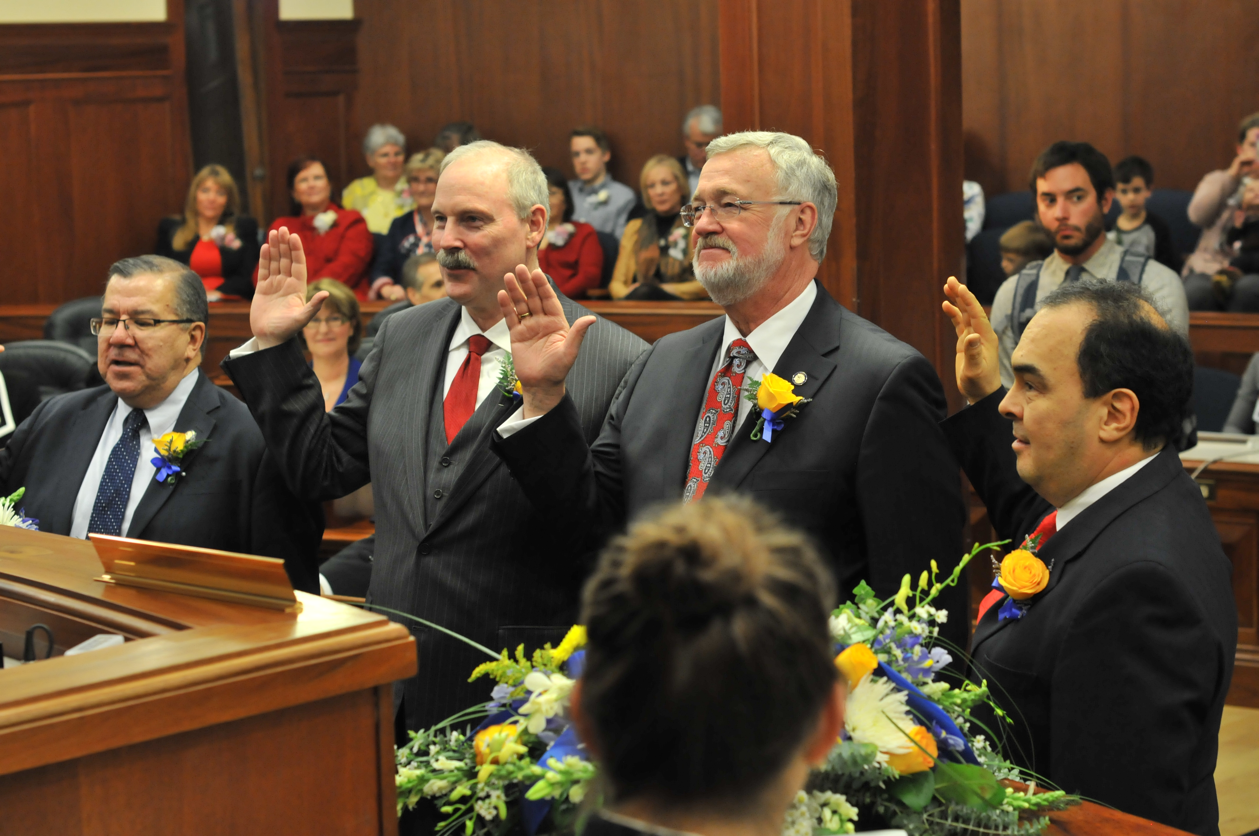 Senator Stedman taking the oath of office with Senators Hoffman, Stevens and Olson