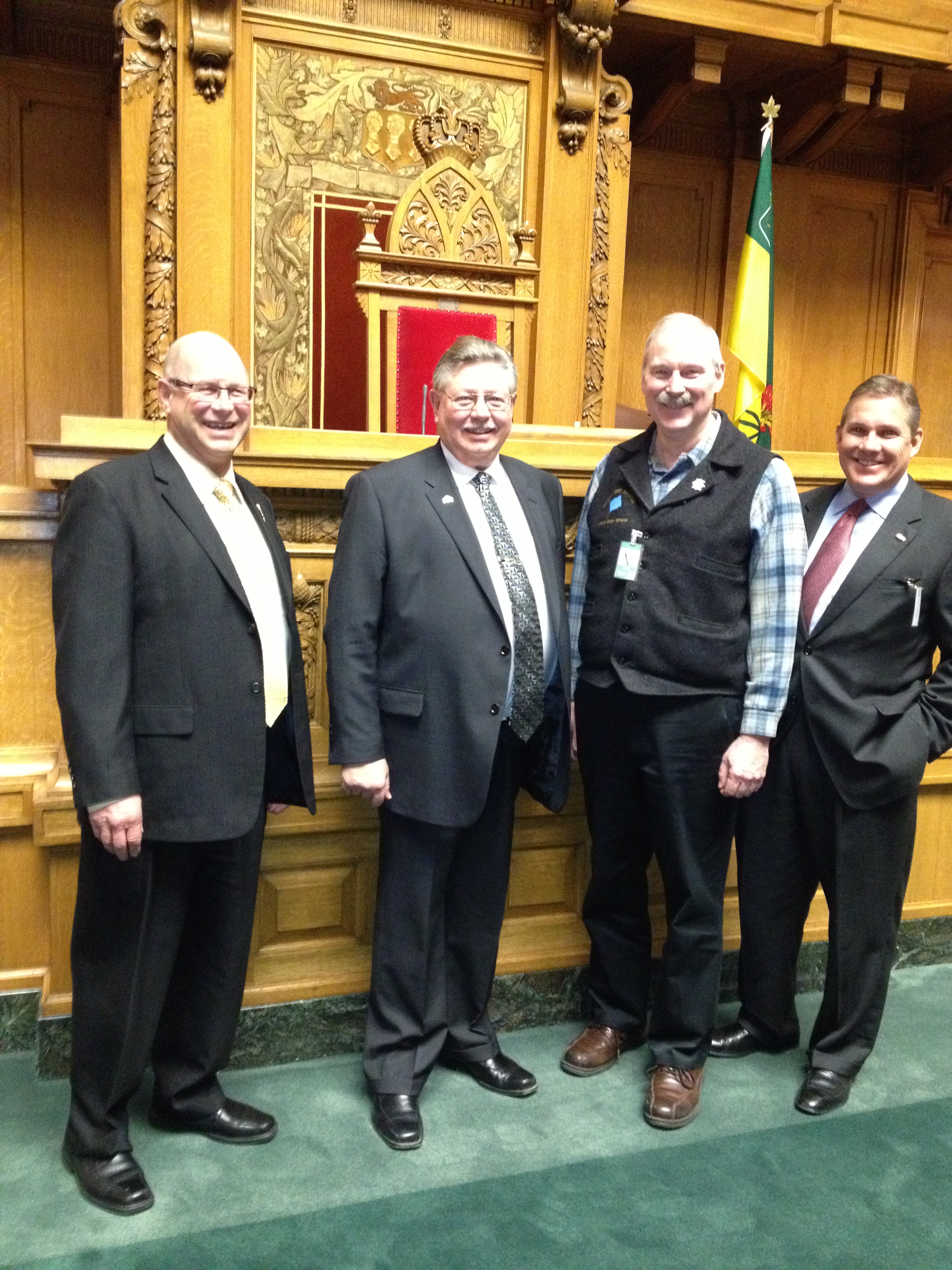 (L to R) MLA Fred Bradshaw, Speaker Dan D\'Autremont, Senator Stedman and Oklahoma Senator Branan in the Saskatchewan Legislative Chambers