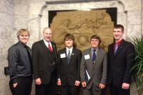 Senator Stedman with Wrangell High School Students (L to R) Lorenzo Stiva, Matthew Covalt, Tyler Eagle and Blaine Wilson